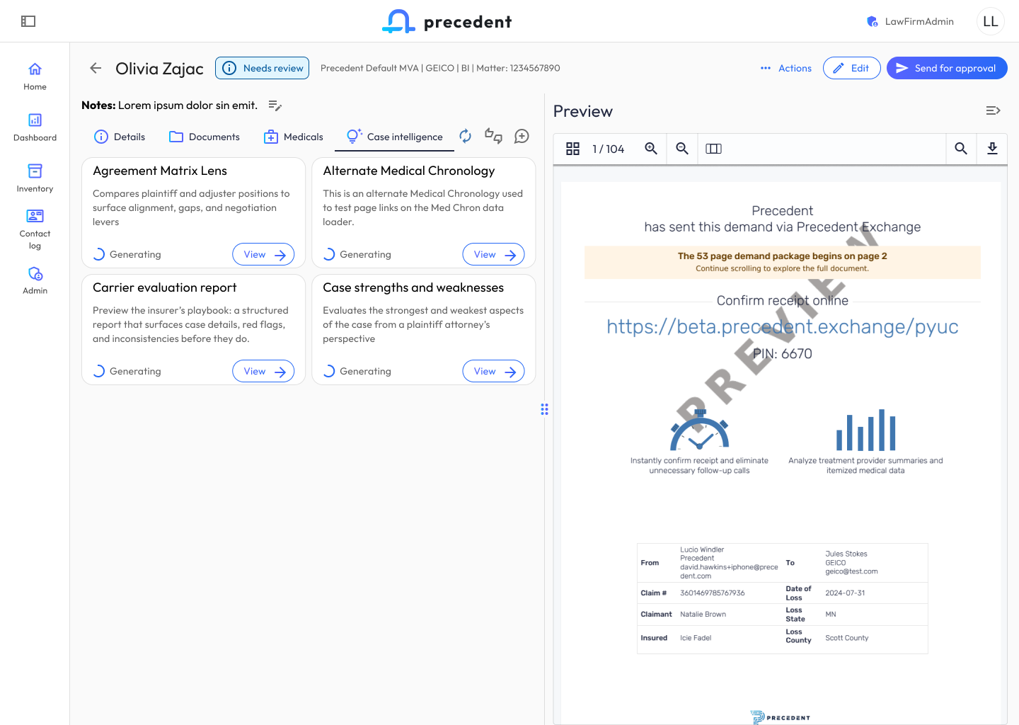 Case health dashboard with AI-derived findings
