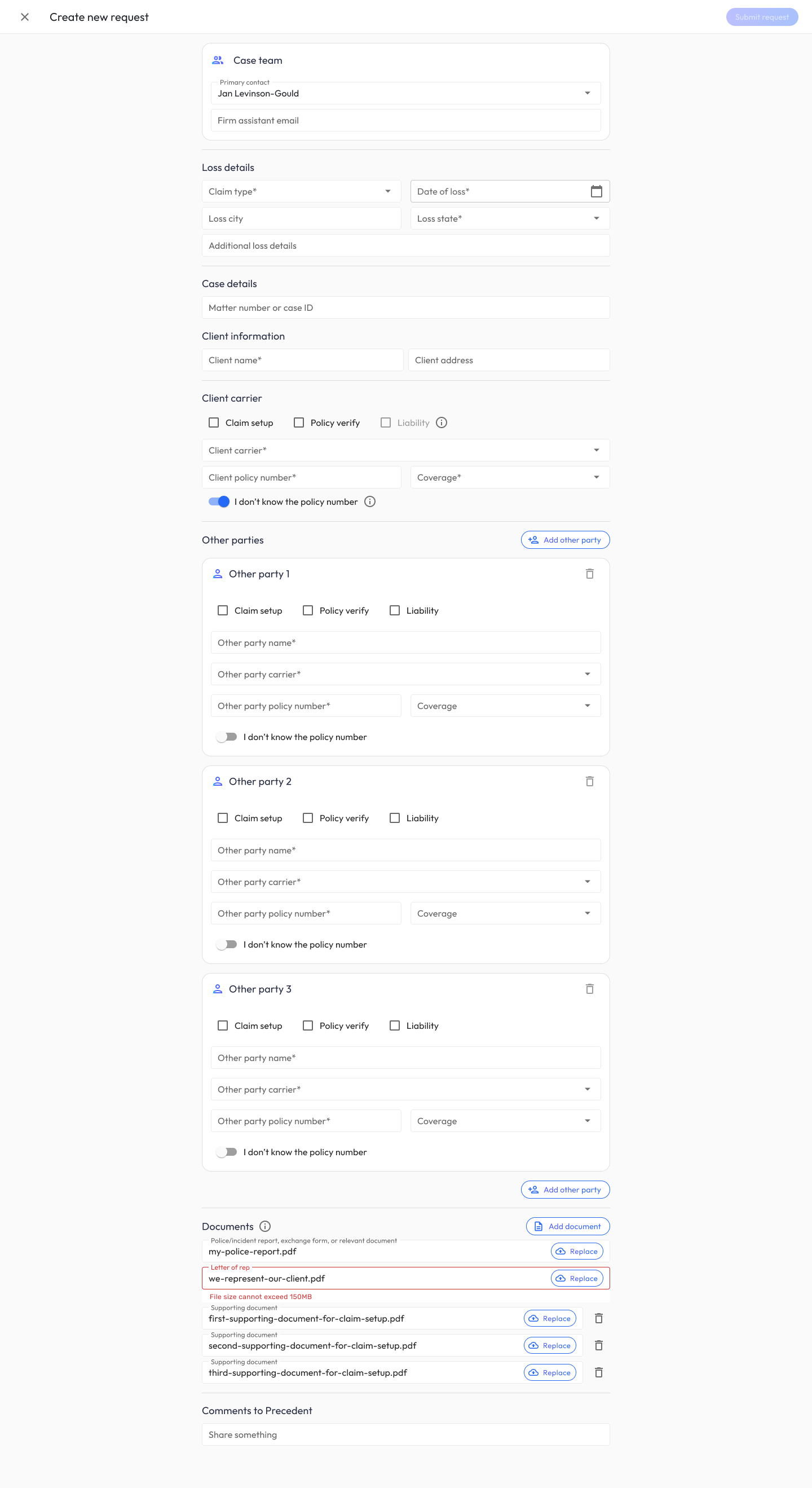 Create New Request form