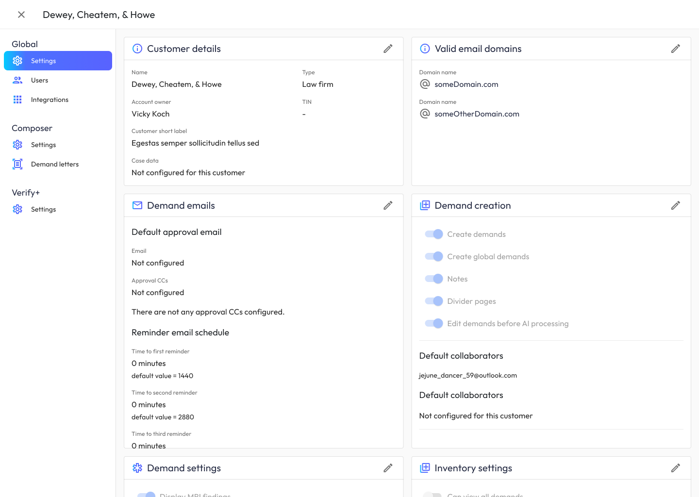 Admin — customer settings