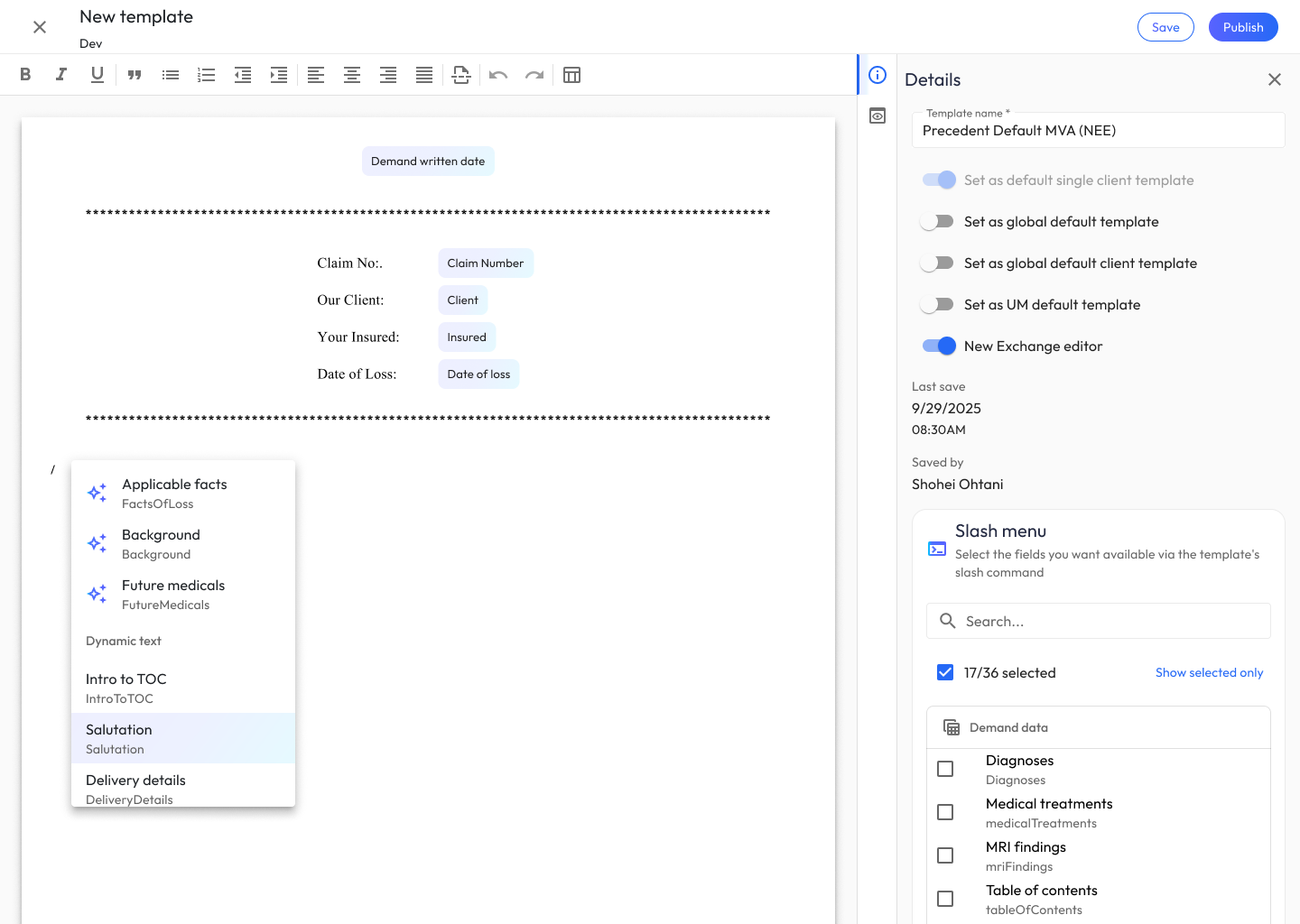 Template editor — details panel