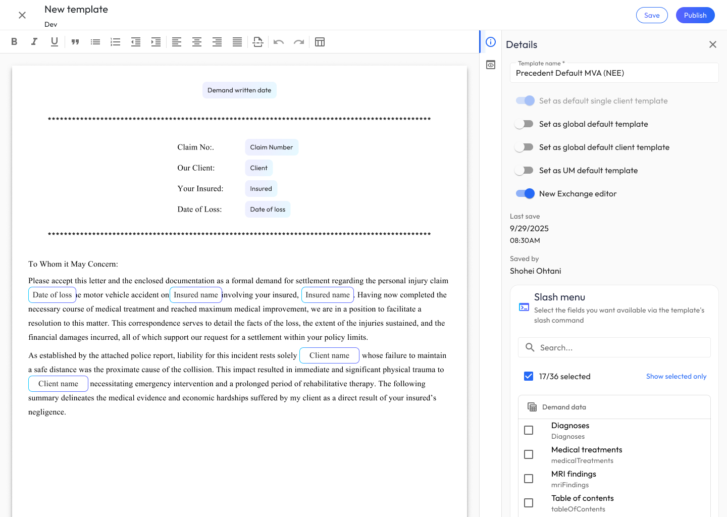 Template editor — dual-panel authoring view