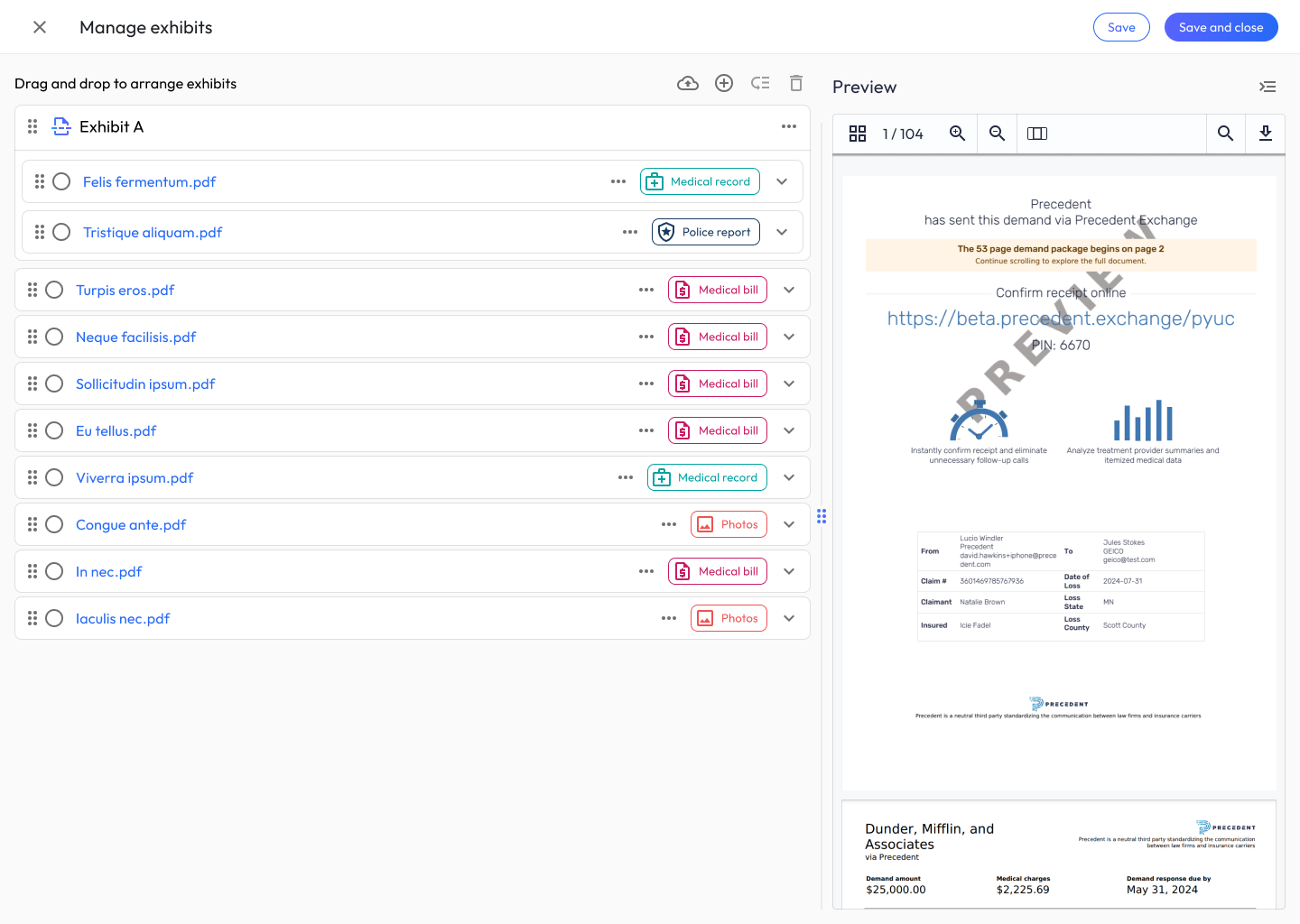 Exhibit Manager, first exhibit container (Exhibit A) grouping documents, with the live demand package preview rendering on the right