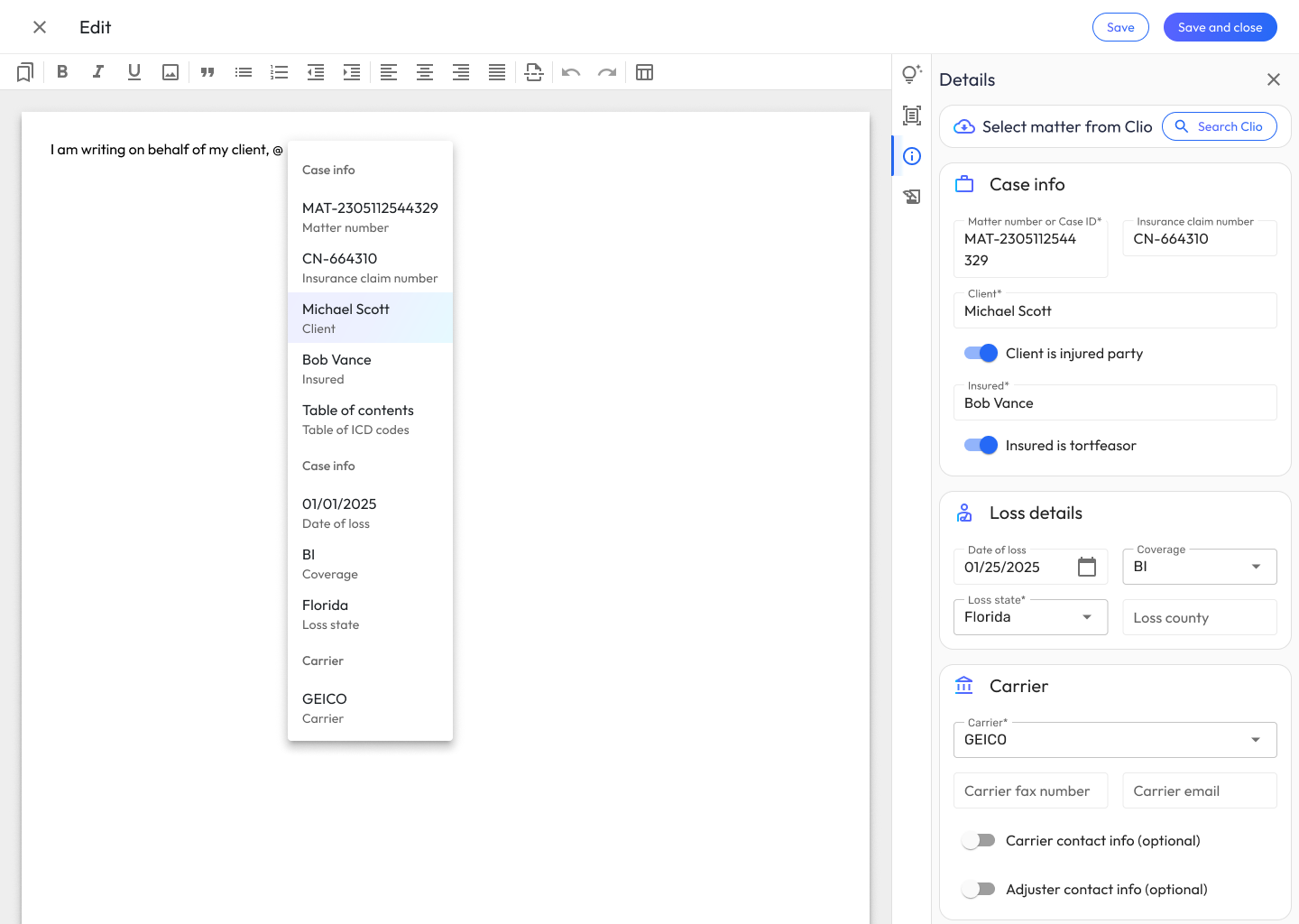 Editor — @-mention menu for injecting case data