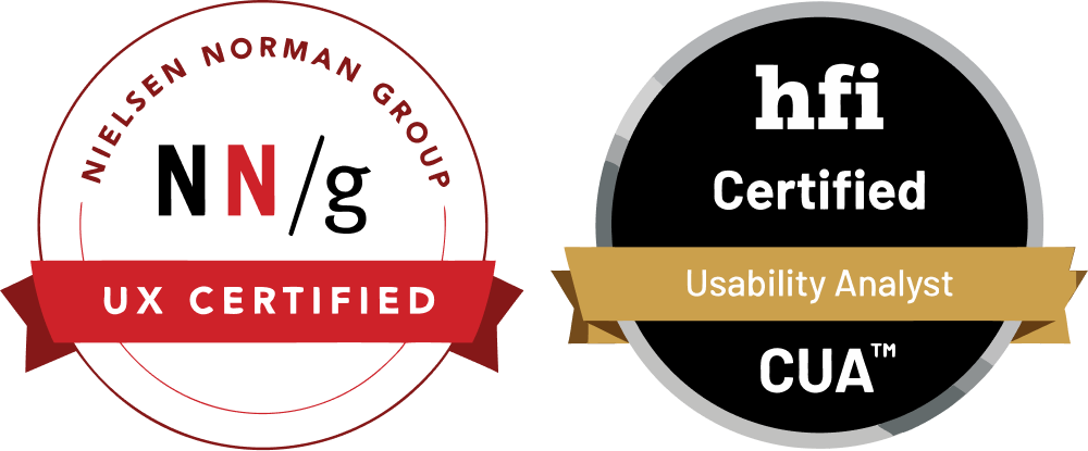 NN/g UX Certified and HFI Certified Usability Analyst badges
