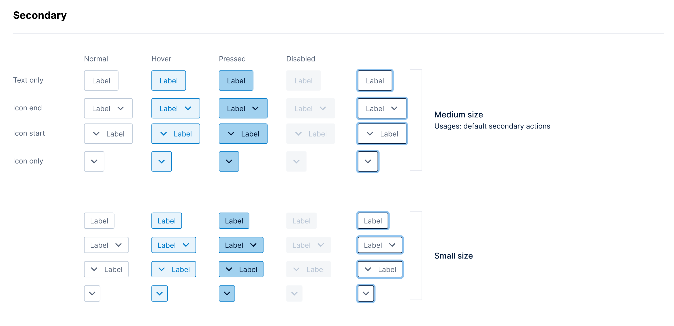Foundational styles — secondary button states and sizes