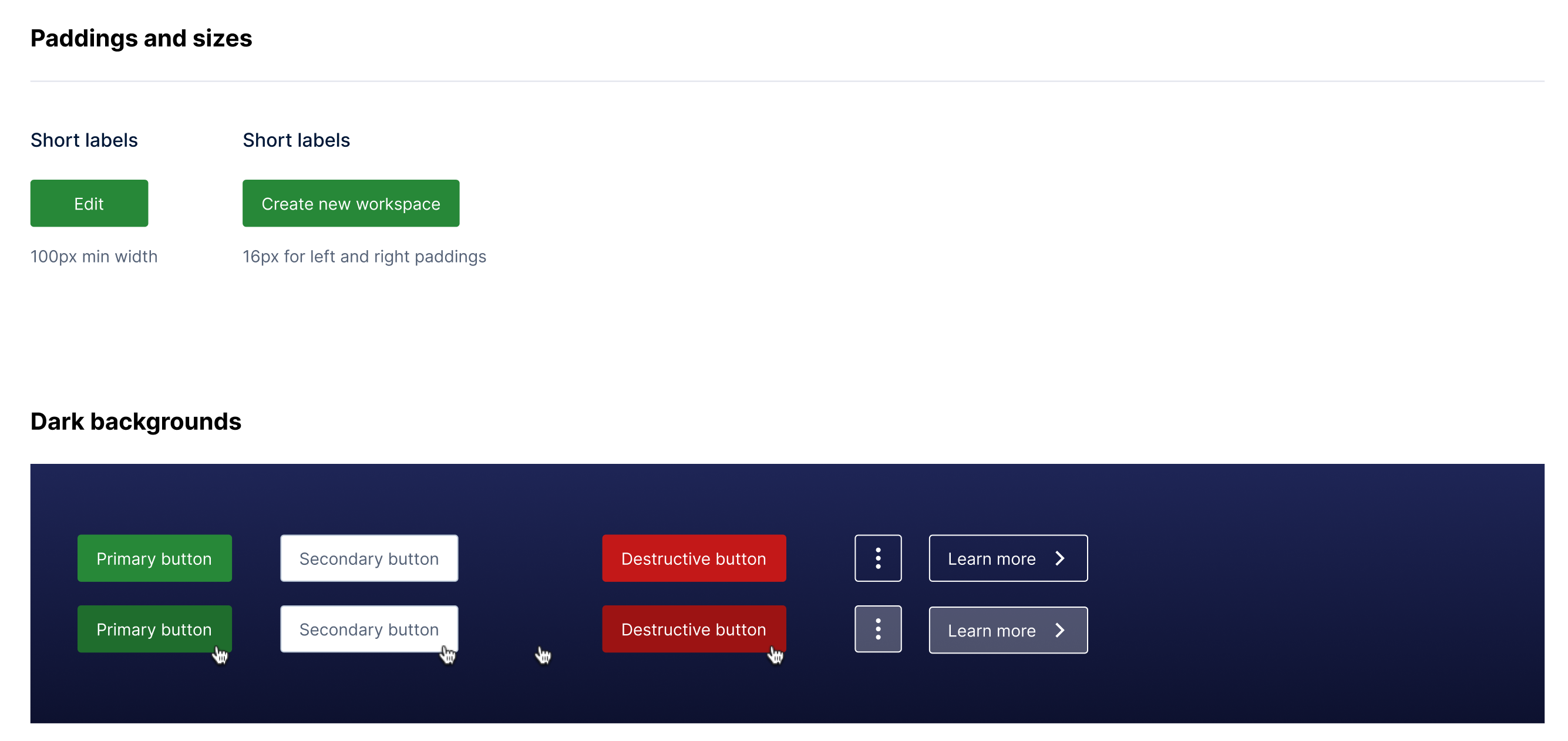 Foundational styles — button paddings, sizes, and dark-background treatments