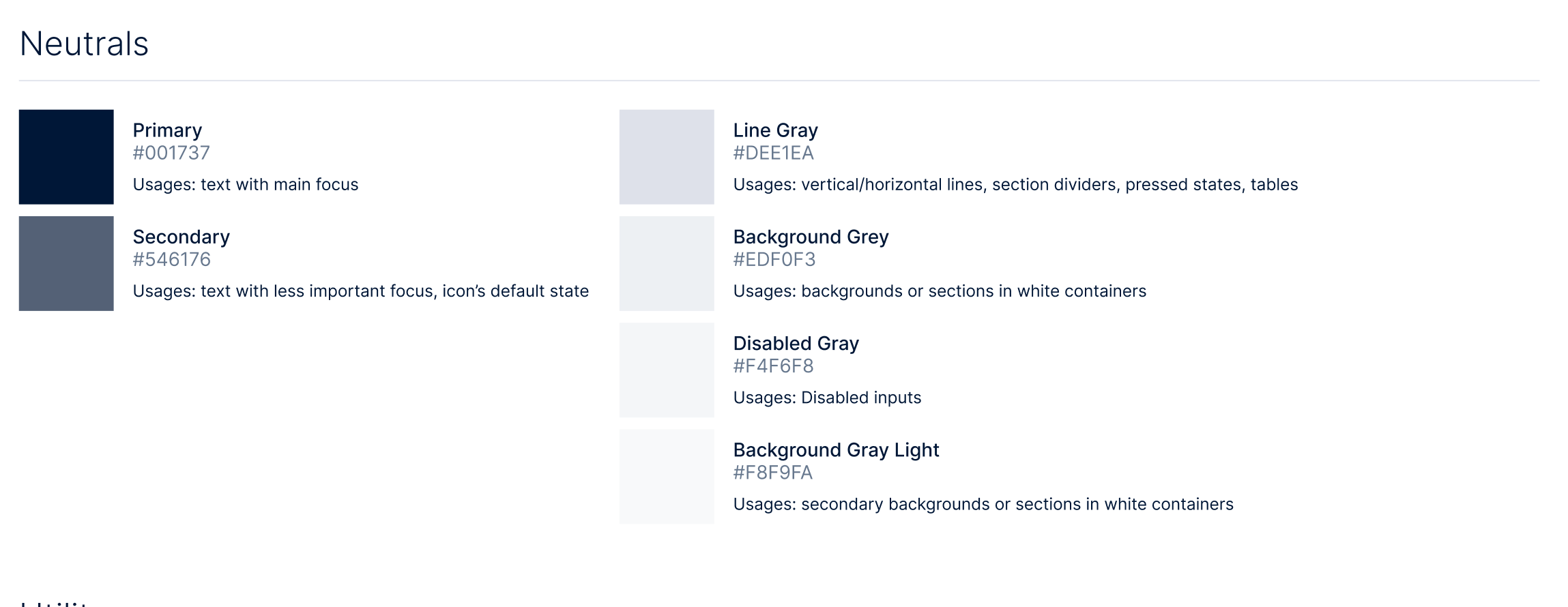 Foundational styles — neutral palette with documented usages