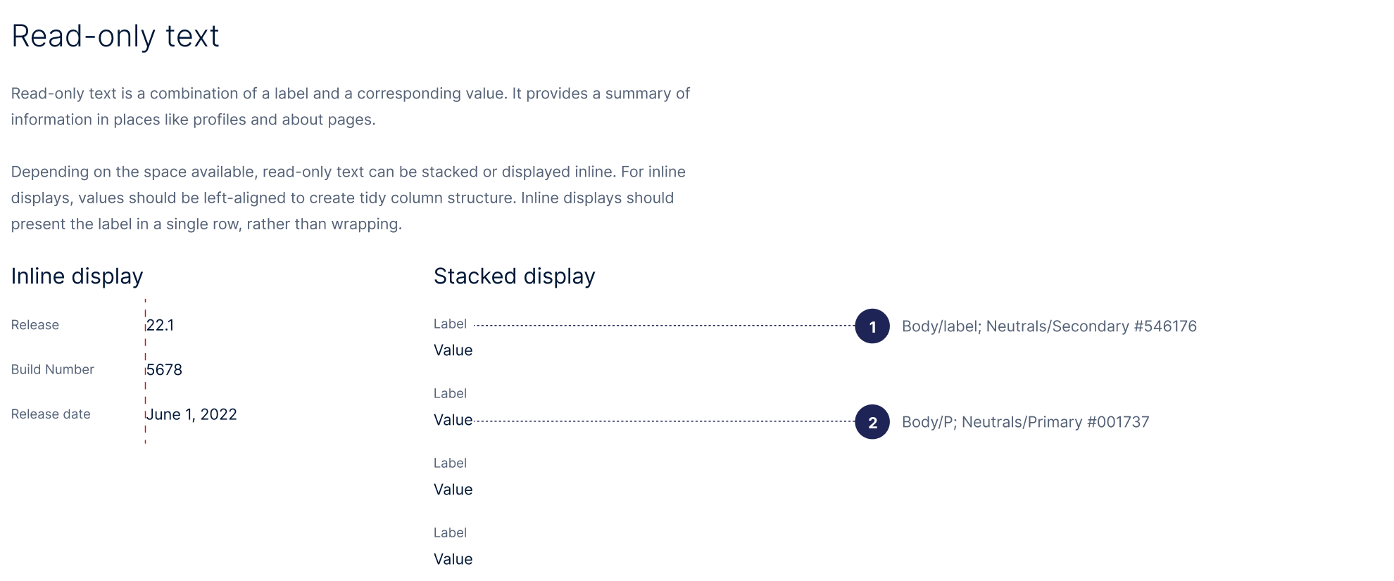 Foundational styles — read-only text in inline and stacked displays