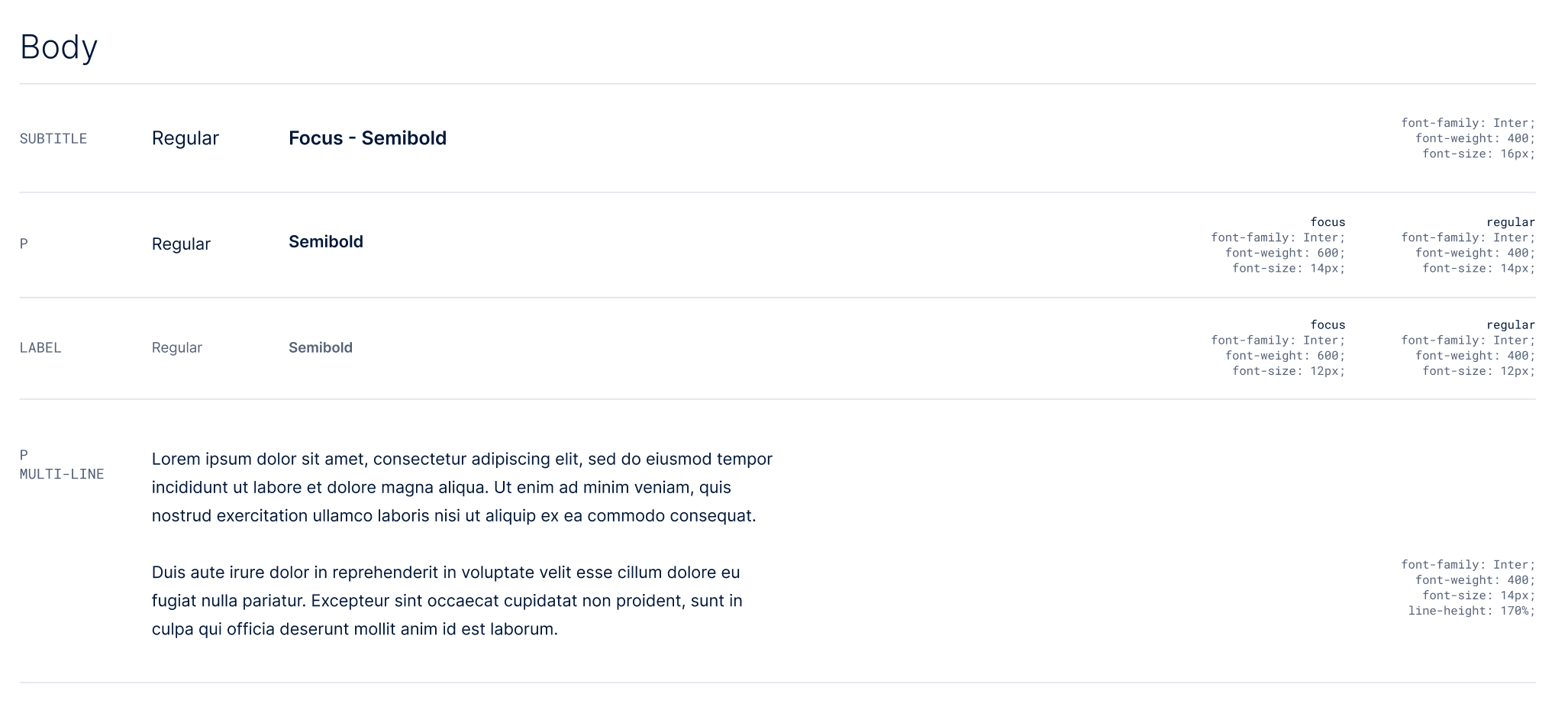 Foundational styles — body, subtitle, and label type specs