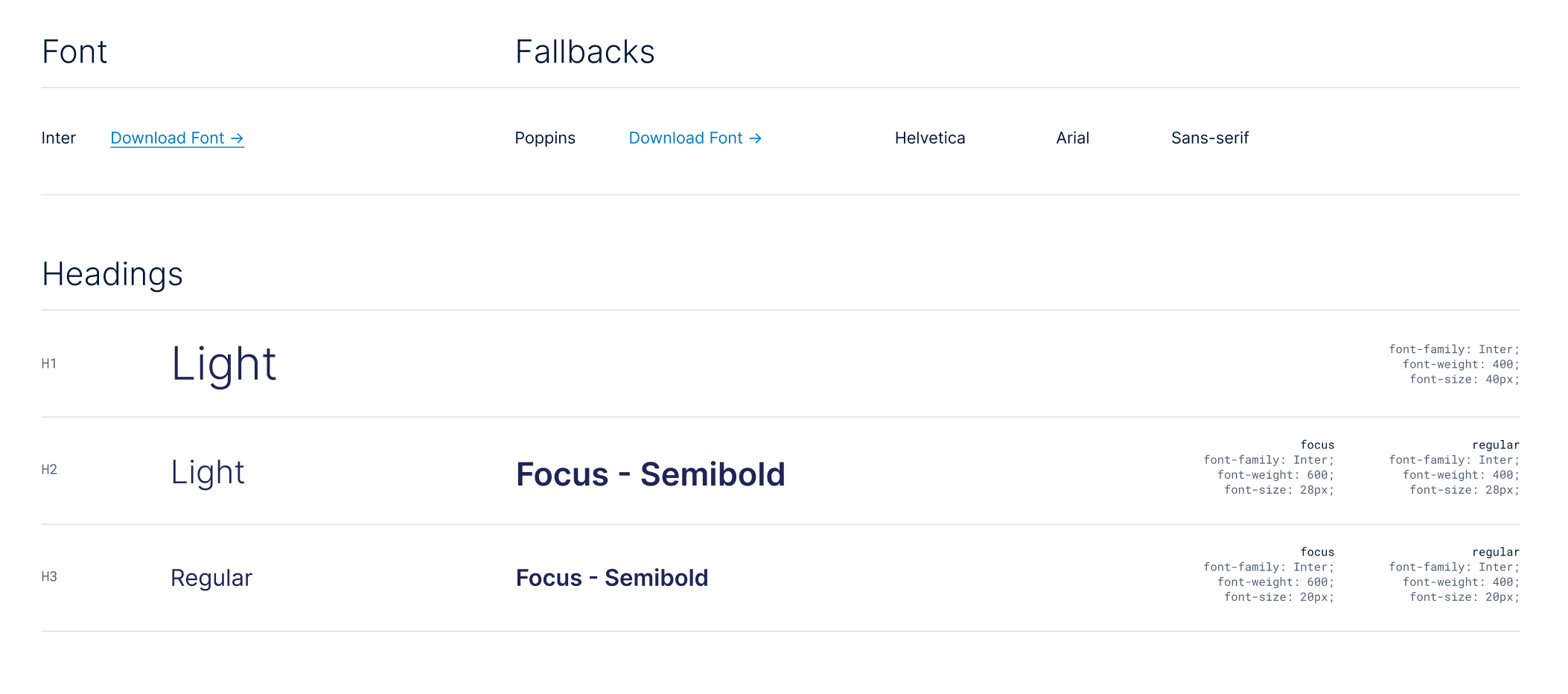 Foundational styles — Inter typeface, fallbacks, and heading scale