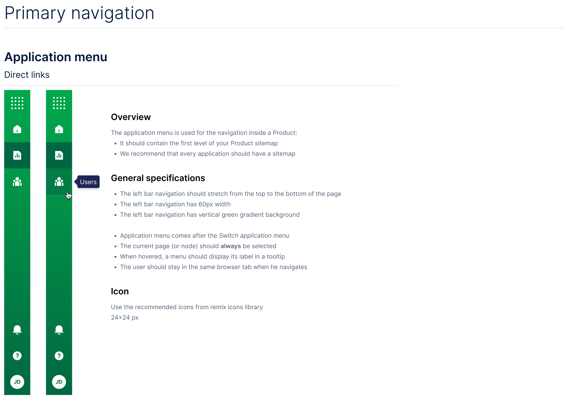 Way-finding — primary navigation and application menu specification