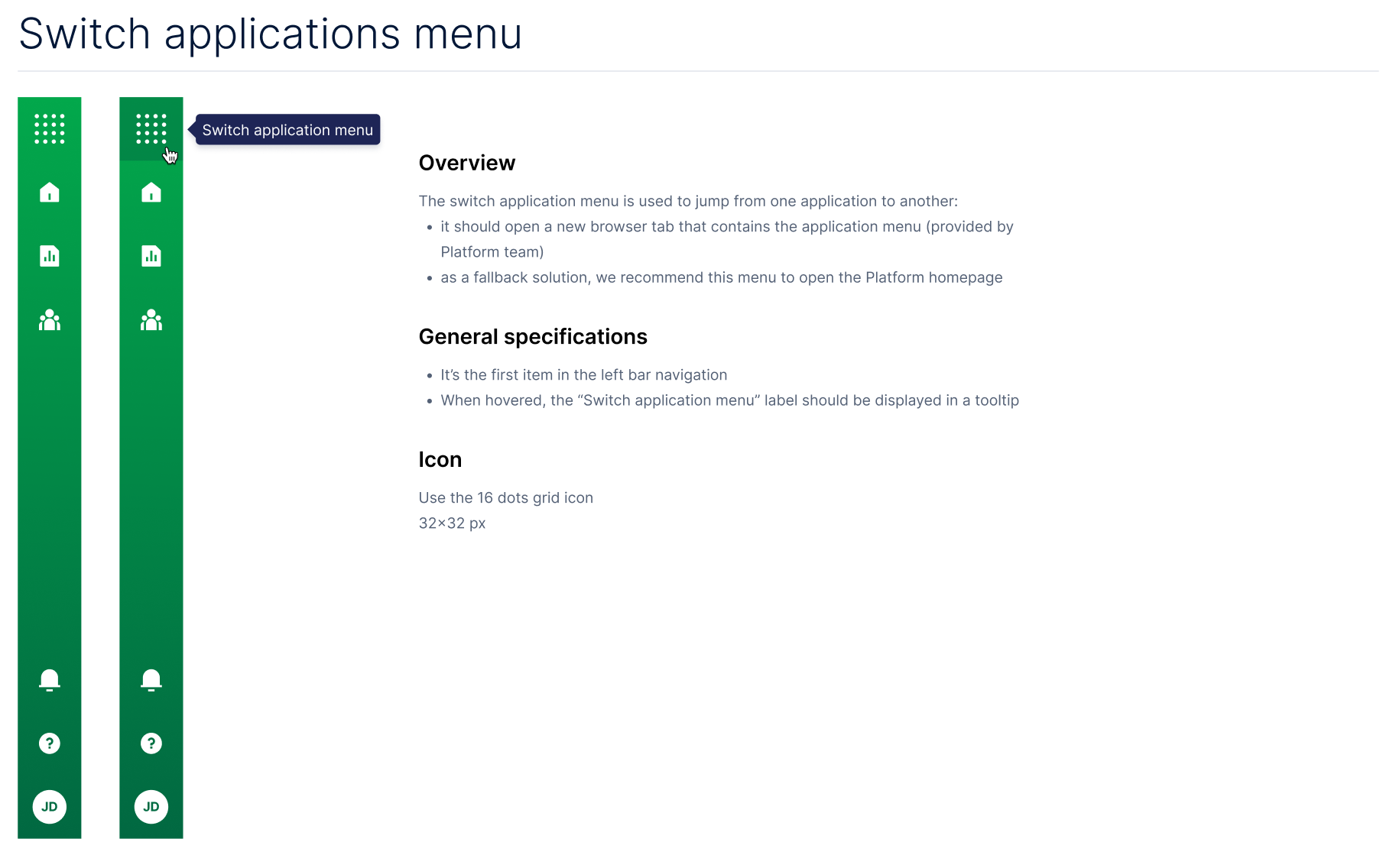 Way-finding — switch applications menu specification