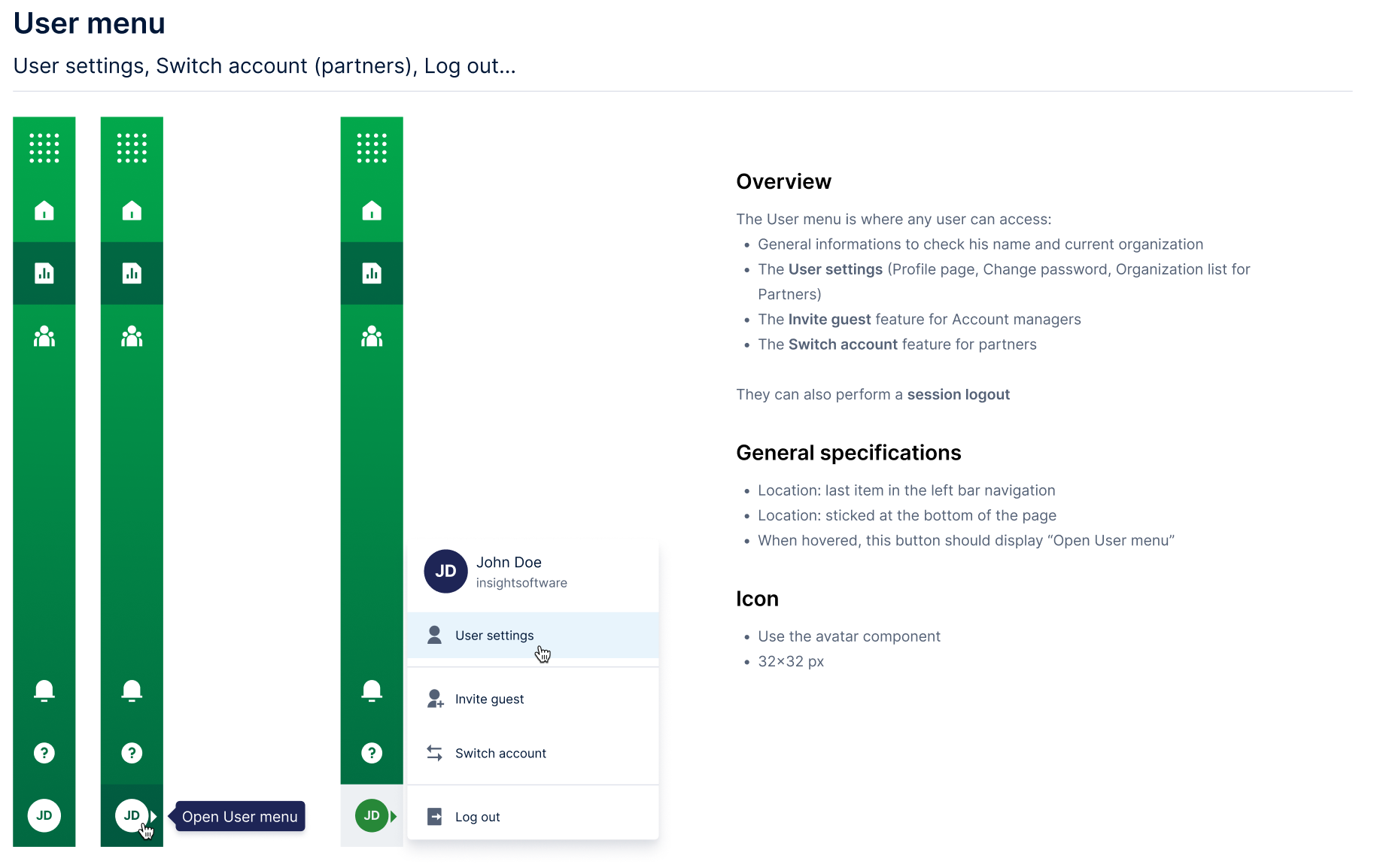 Way-finding — user menu with settings, invite guest, switch account, and log out
