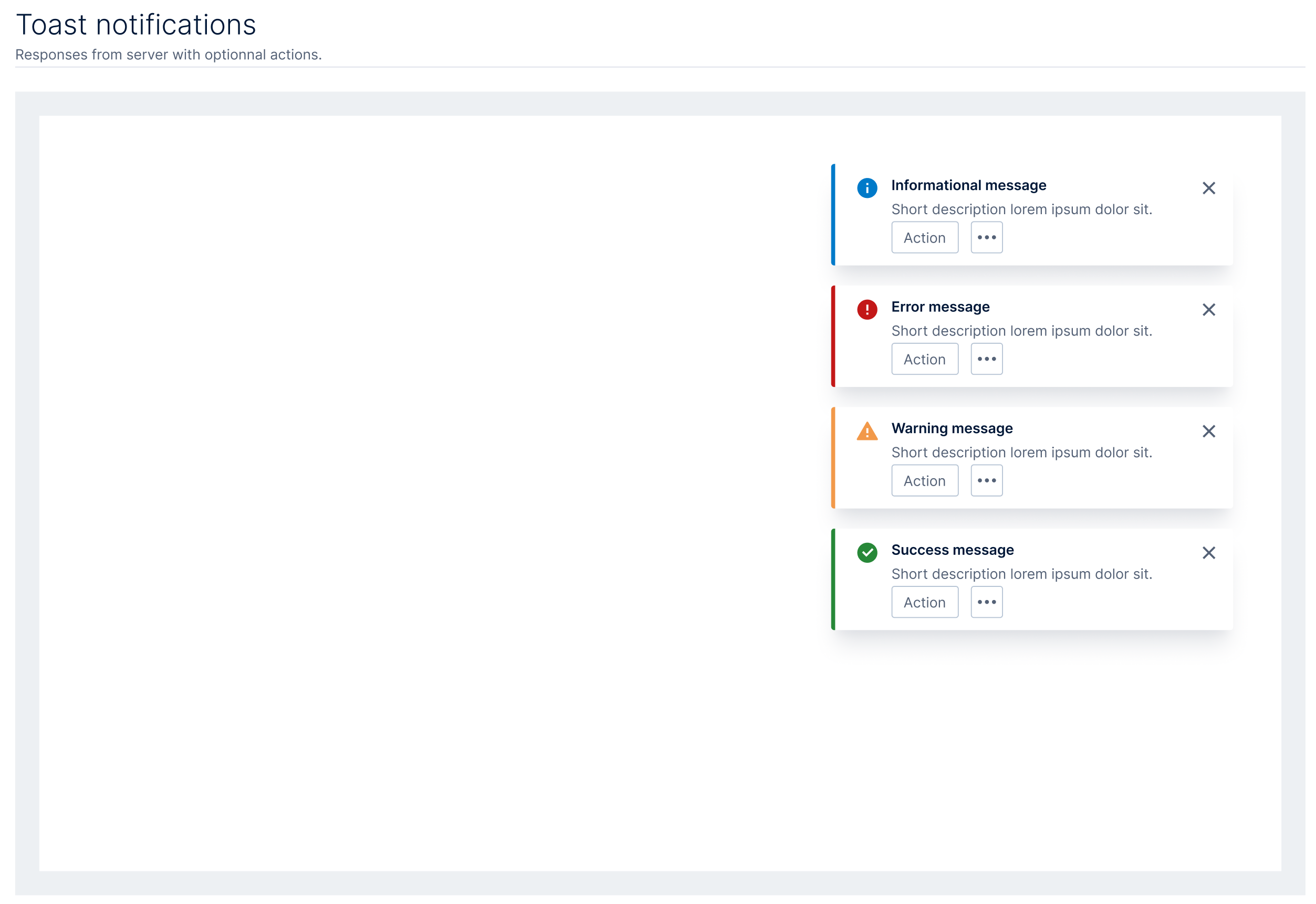 Toast notifications — informational, error, warning, and success variants with actions