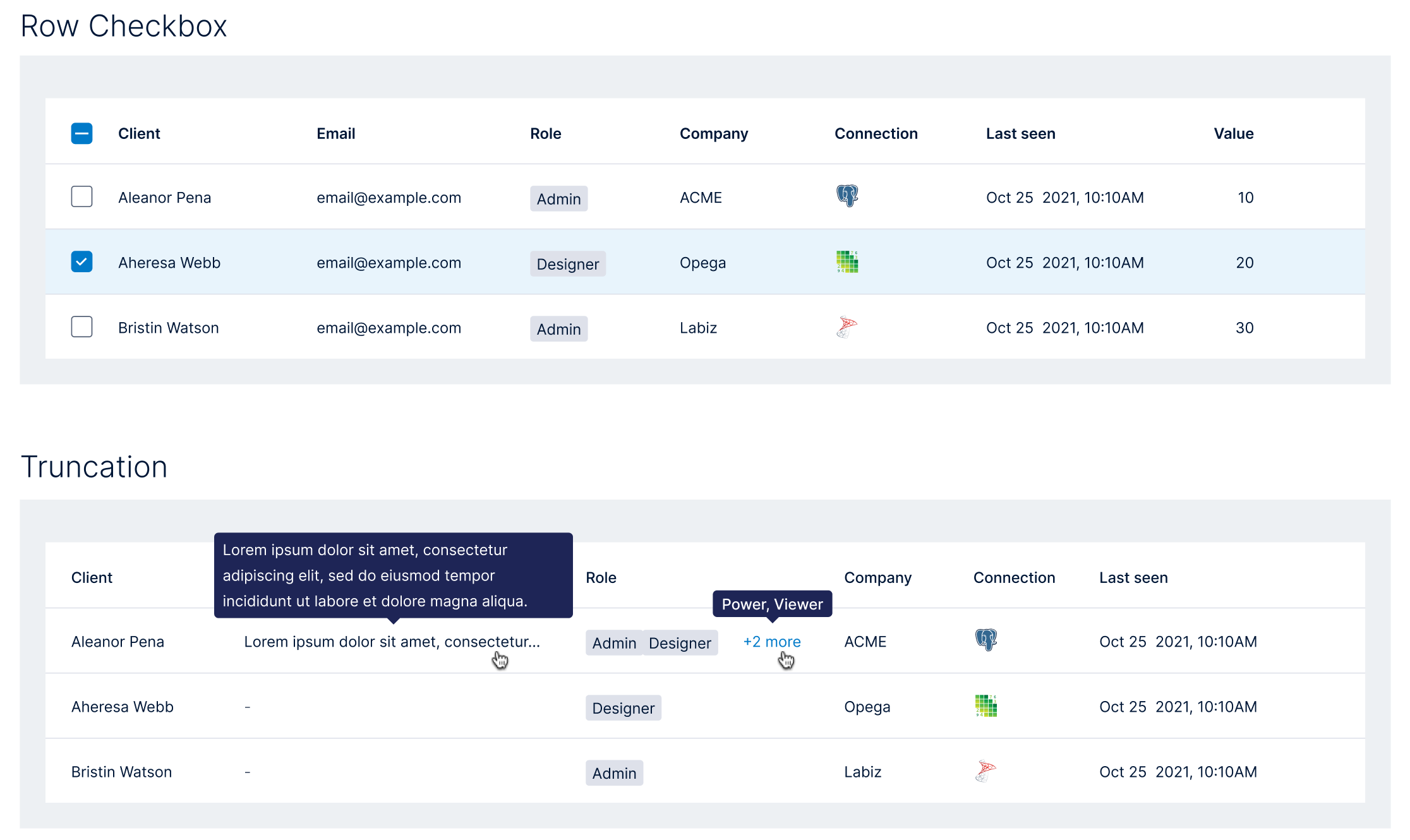 Data tables — row selection checkboxes and cell truncation with tooltips