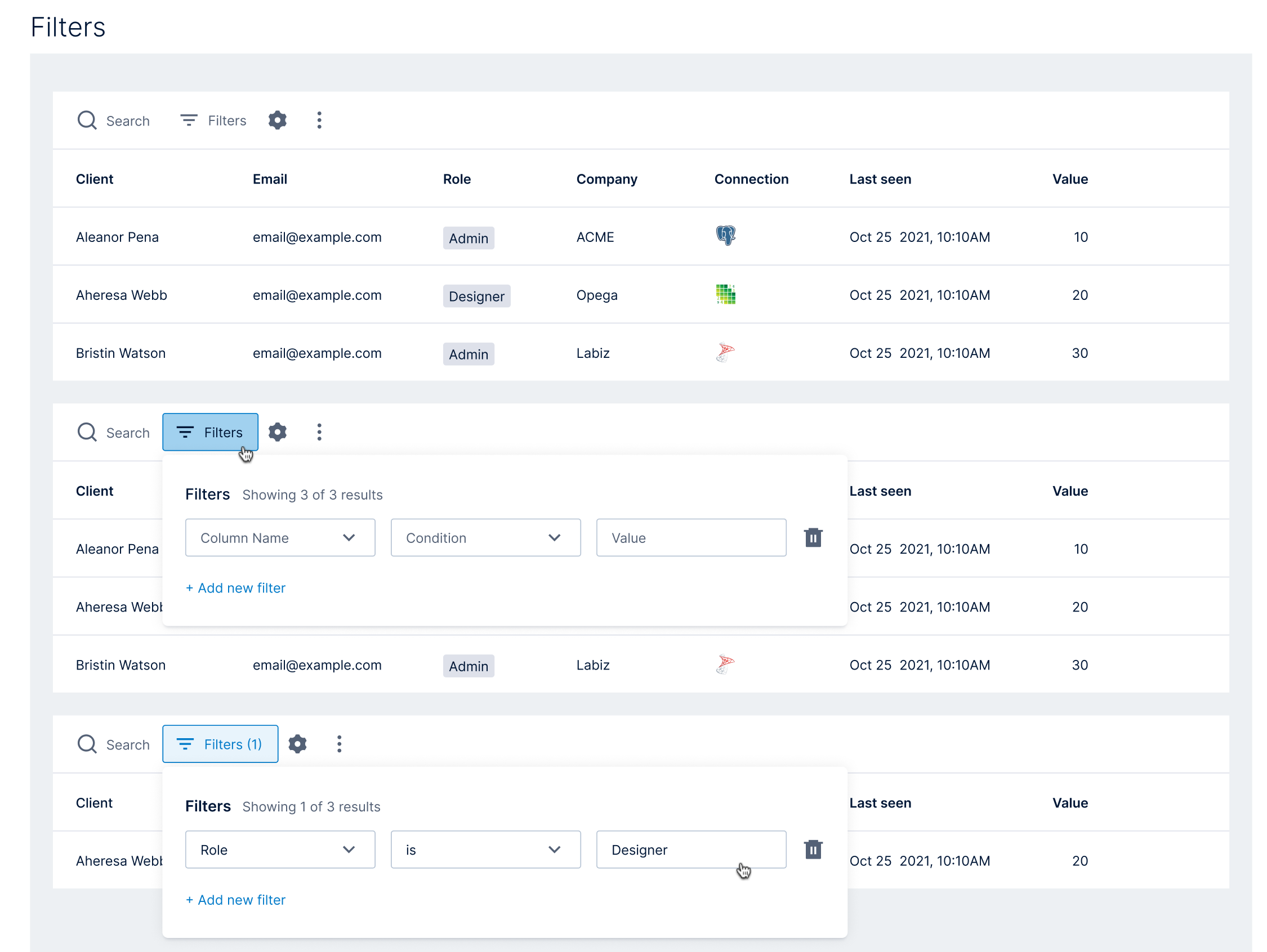 Data tables — search and filter builder
