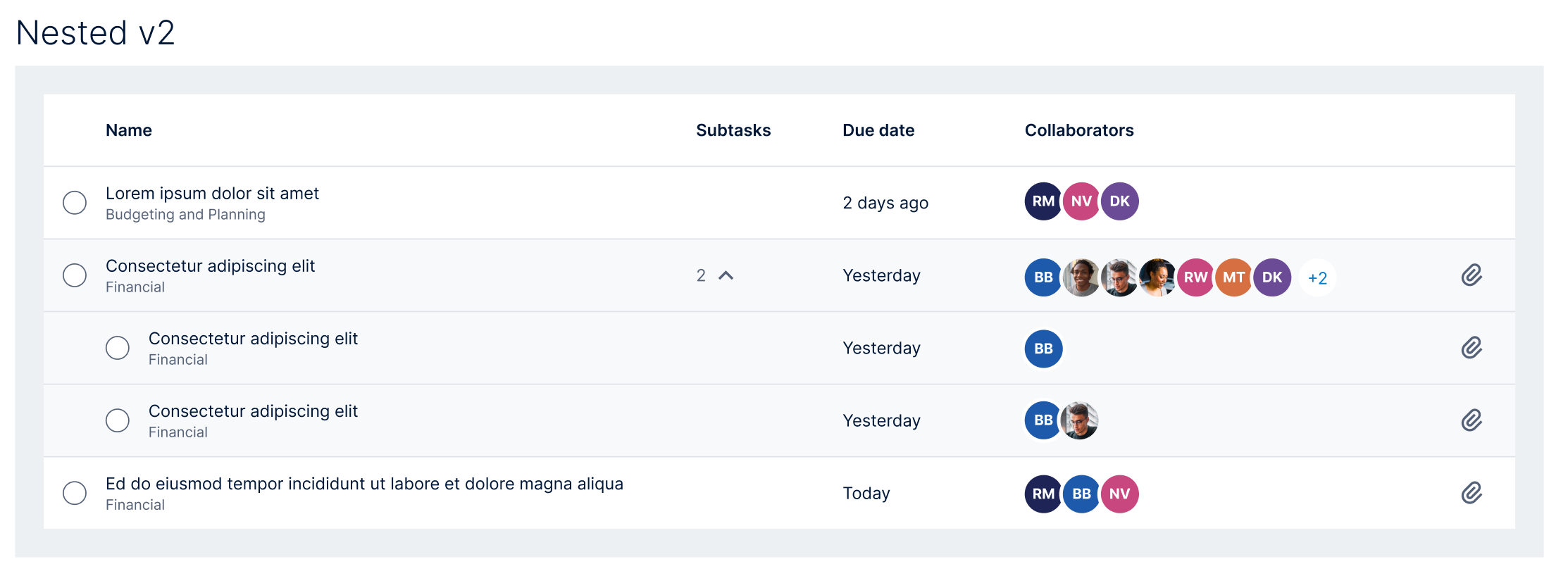 Data tables — nested rows with subtasks and collaborators