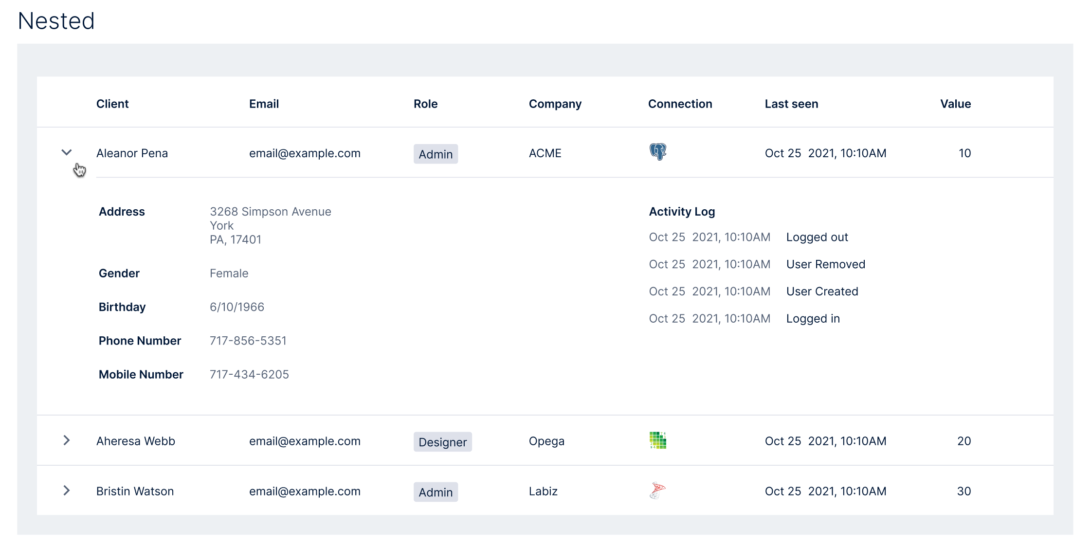 Data tables — nested expandable row with record details and activity log