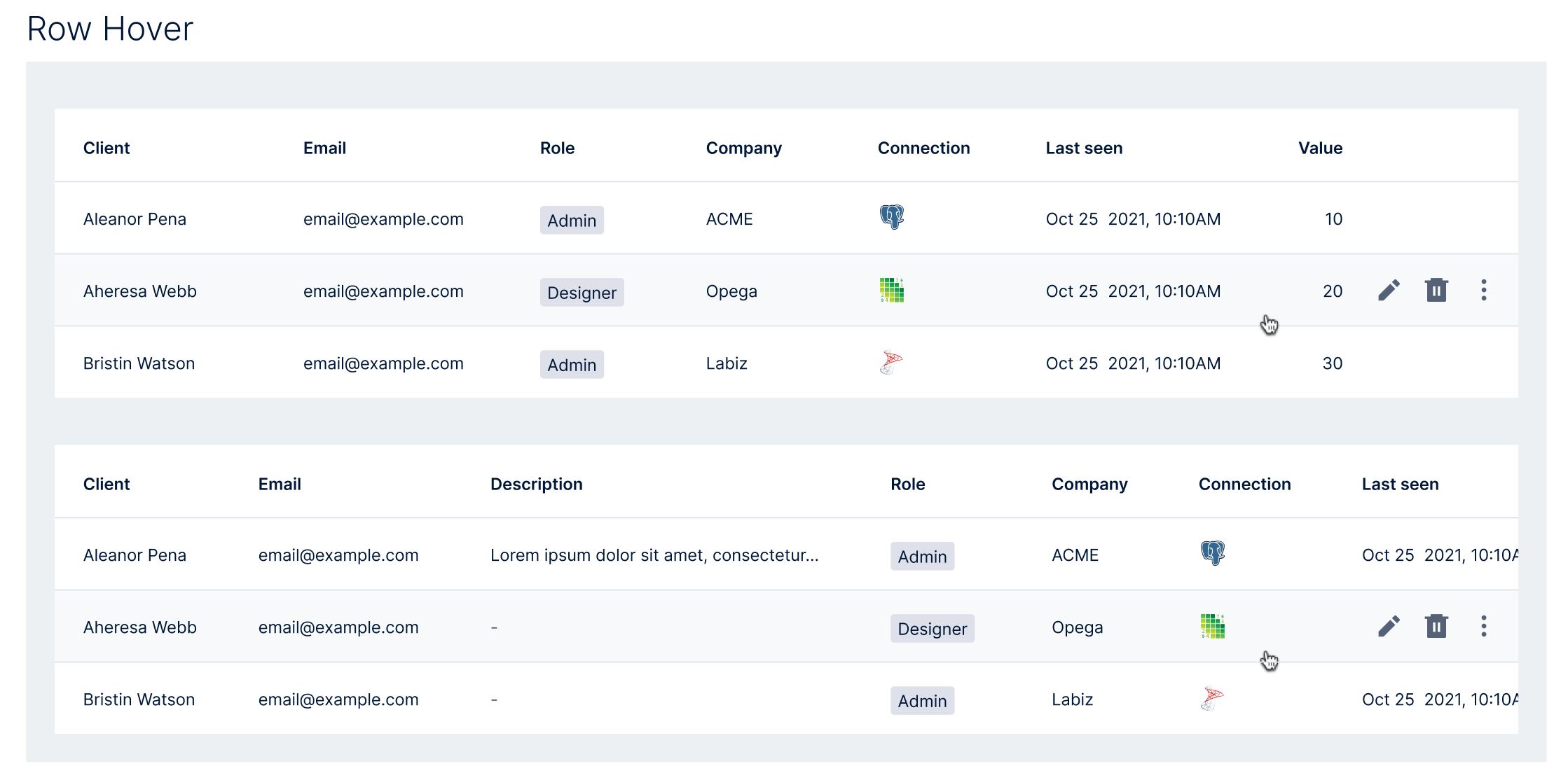 Data tables — row hover actions